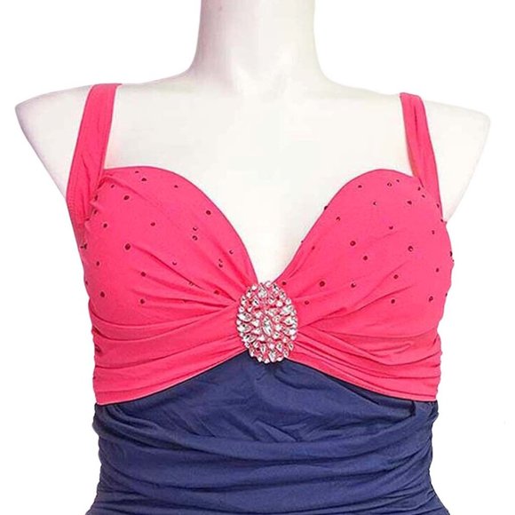 Plus 1Pc Ruched Front Swimsuit Women Size 14 Navy Blue Swimwear with Front Jewel - Picture 9 of 9